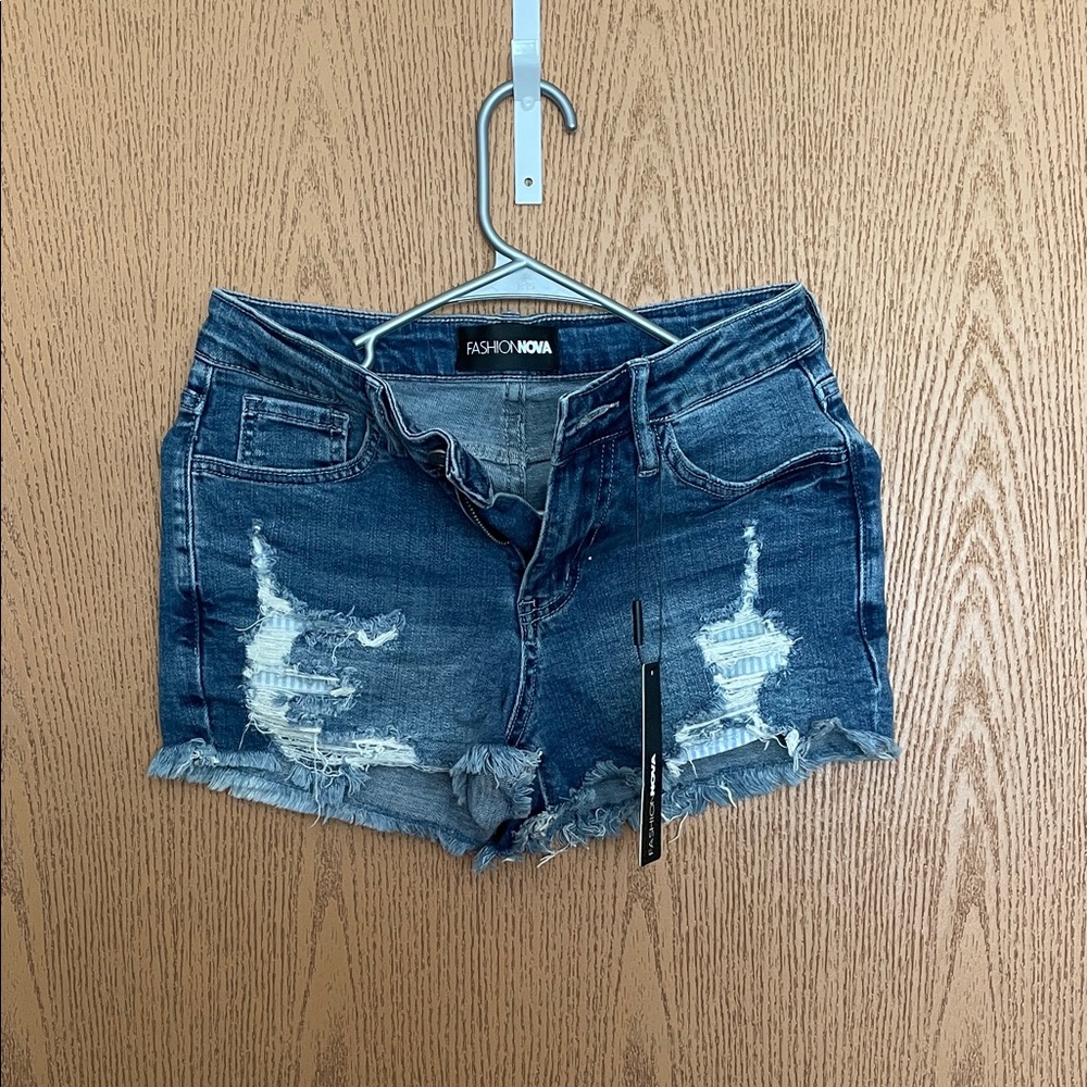 Fashion Nova Dark Blue Ripped Jean Shorts